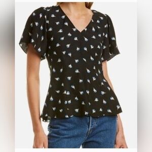 Rebecca Taylor Black Silk Floral Patterned Shortsleeve Women's Top Size 14/L